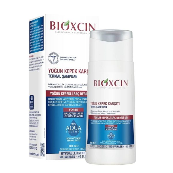 شامپو بیوکسین Bioxcin ضد شوره فورت Ds مدل آکوا ترمال AQUA THERMAL حجم 200 میل - جعبه ای آبی و سفید کوتاه