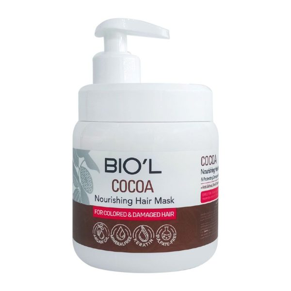 ماسک مو بیول BIOL مدل پمپی حاوی عصاره کاکائو حجم 500 میلی لیتر