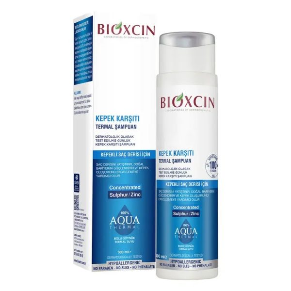 شامپو مو ضد شوره بیوکسین Bioxcin مدل AQUA THERMAL حجم 300 میل - جعبه ای آبی و سفید بلند